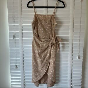 Majorelle Dress Midi Tan Beige Floral Faux Wrap Sleeveless Cotton Linen Medium